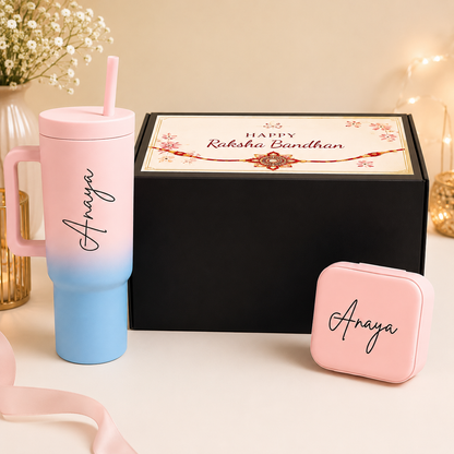 Personalized Raksha Bandhan Gift Box for Sister | Custom Name Tumbler + Personalized Case | Premium Gift Hamper