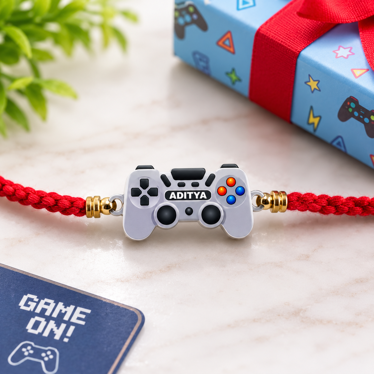 Personalized Gamer Little Brother Rakhi Gift Set with Custom LED Lamp & Gaming Rakhi