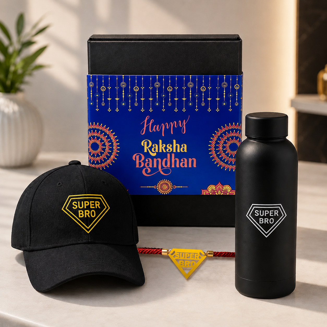 Raksha Bandhan Gift for Brother – Super Bro Black Cap with  Golden Acrylic Rakhi