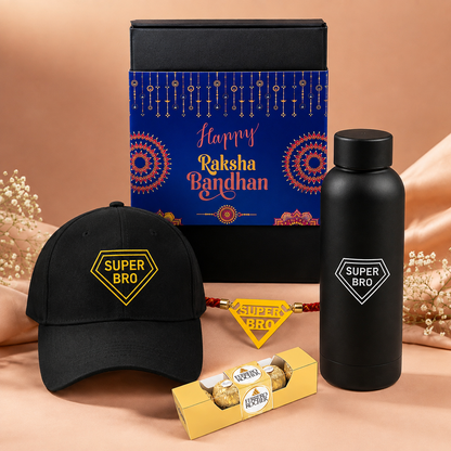 Raksha Bandhan Gift for Brother – Super Bro Black Cap with  Golden Acrylic Rakhi