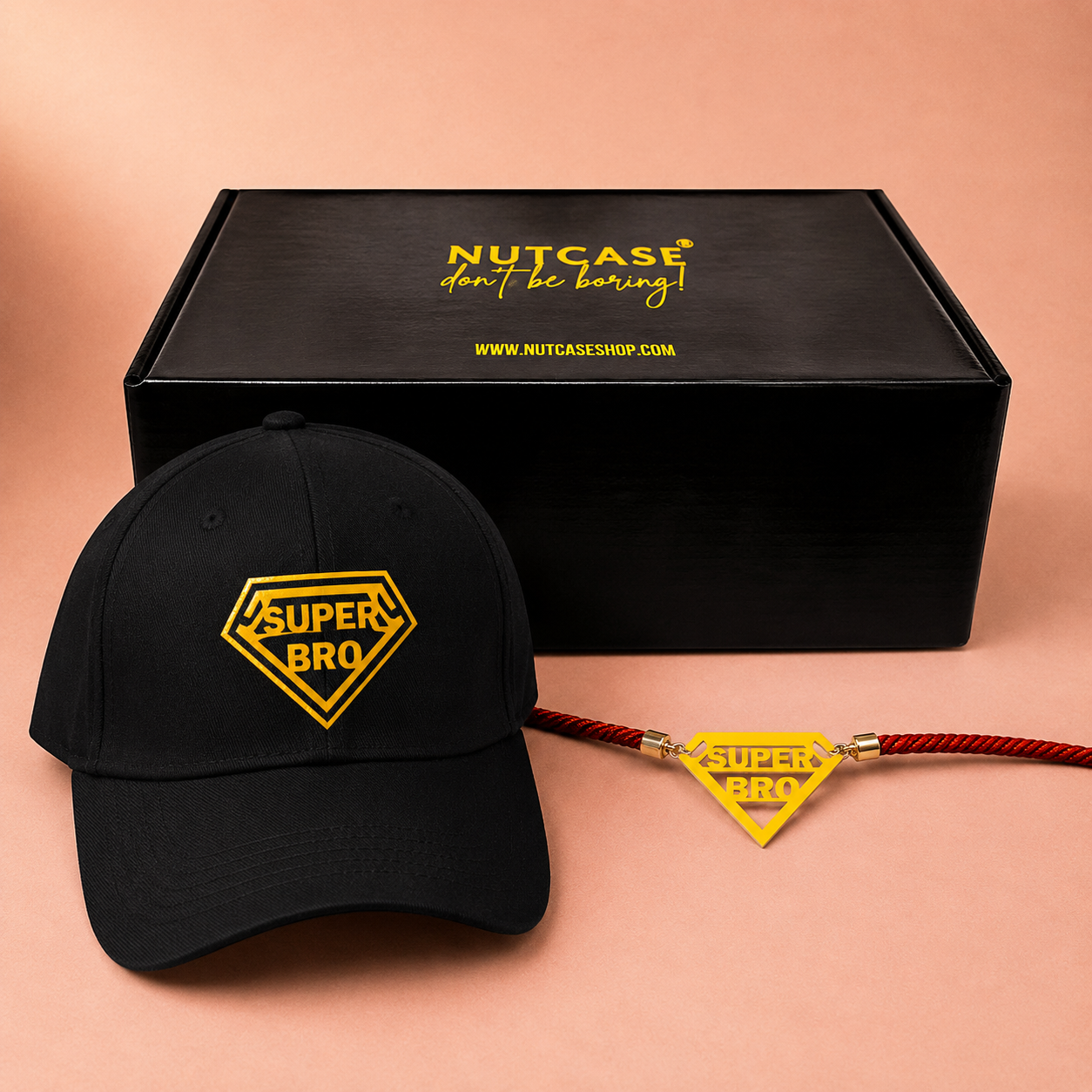 Raksha Bandhan Gift for Brother – Super Bro Black Cap with  Golden Acrylic Rakhi