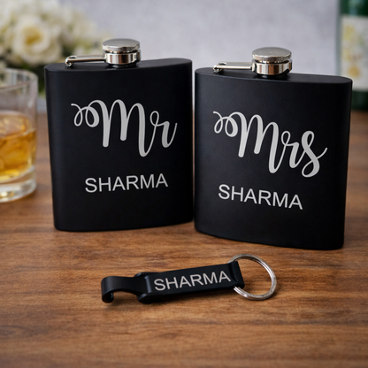 Personalized Mr & Mrs Hip Flask for Couple - Stainless Steel Alcohol Flask with Opener Gift Set