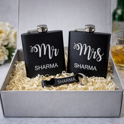 Personalized Mr & Mrs Hip Flask for Couple - Stainless Steel Alcohol Flask with Opener Gift Set