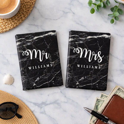 Couple Passport Holder Luggage Tag Gift Box- Mr Mrs Passport Sleeve and Bag Tag Set