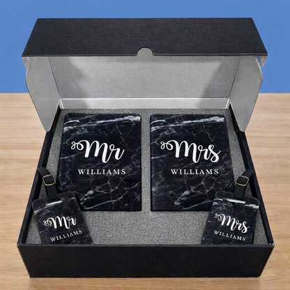 Couple Passport Holder Luggage Tag Gift Box- Mr Mrs Passport Sleeve and Bag Tag Set