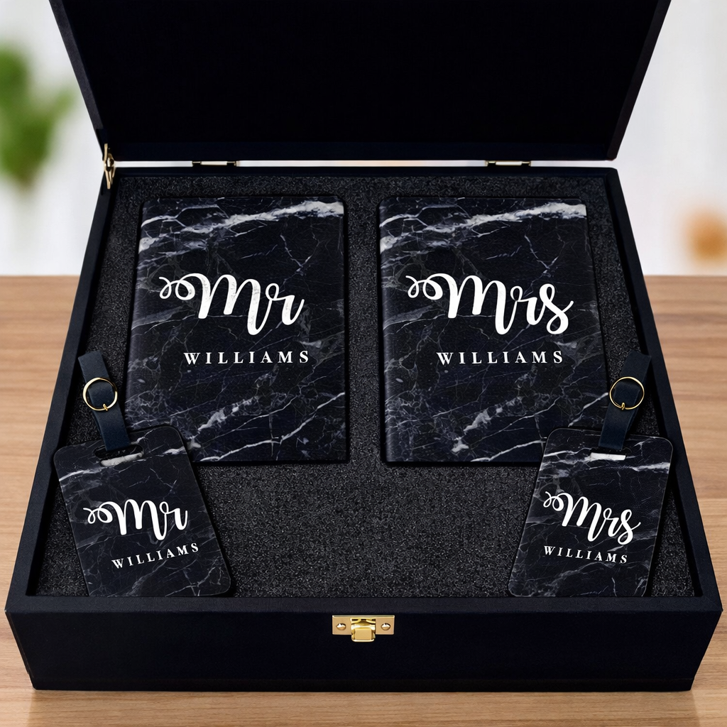 Couple Passport Holder Luggage Tag Gift Box- Mr Mrs Passport Sleeve and Bag Tag Set