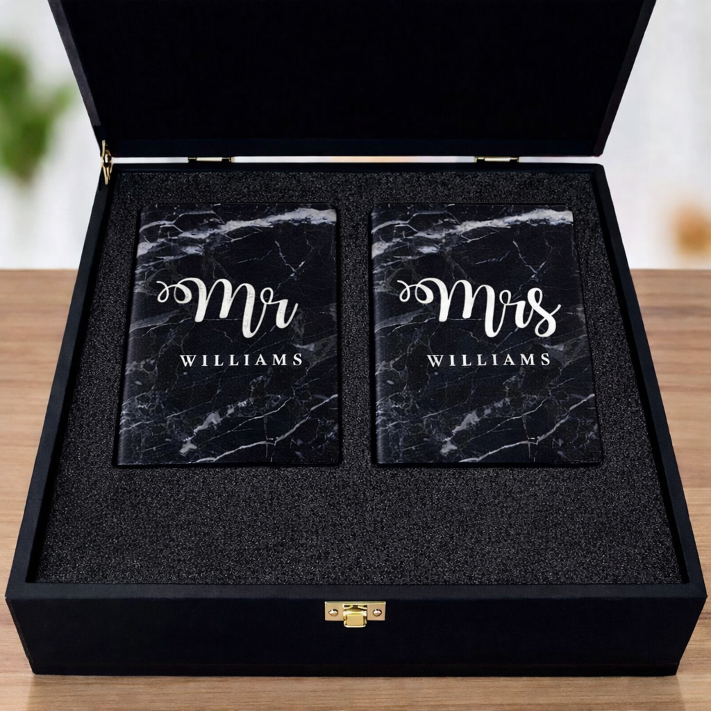 Couple Passport Holder Luggage Tag Gift Box- Mr Mrs Passport Sleeve and Bag Tag Set