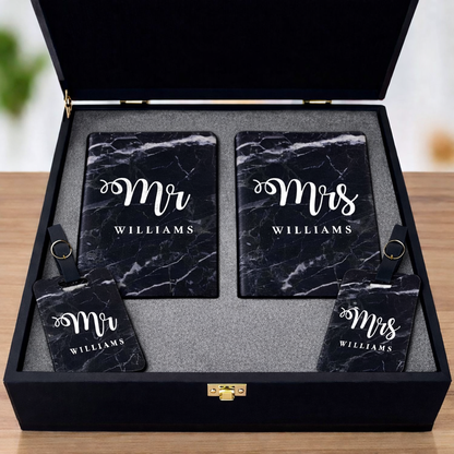 Couple Passport Holder Luggage Tag Gift Box- Mr Mrs Passport Sleeve and Bag Tag Set
