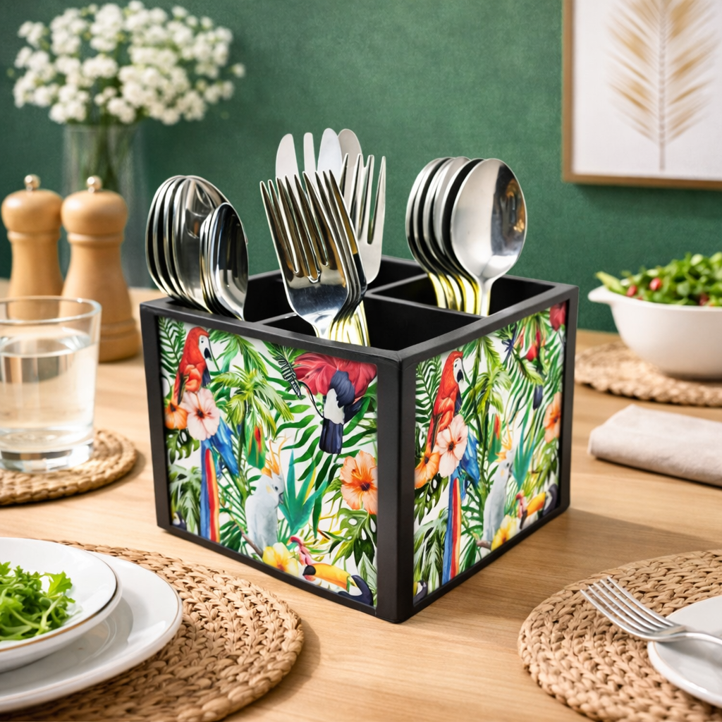 Parrot With LeavesCutlery Holder Stand Silverware Caddy Organizer