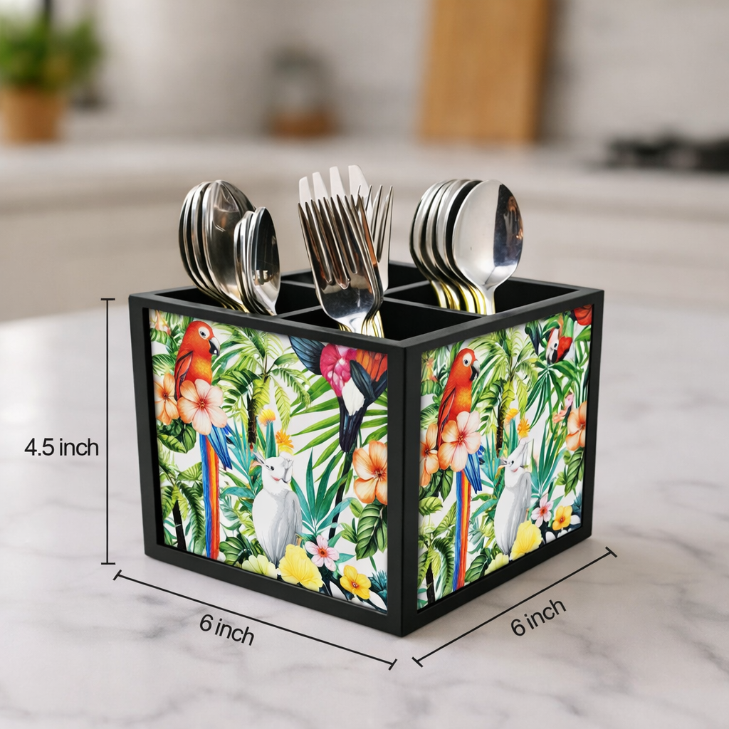 Parrot With LeavesCutlery Holder Stand Silverware Caddy Organizer