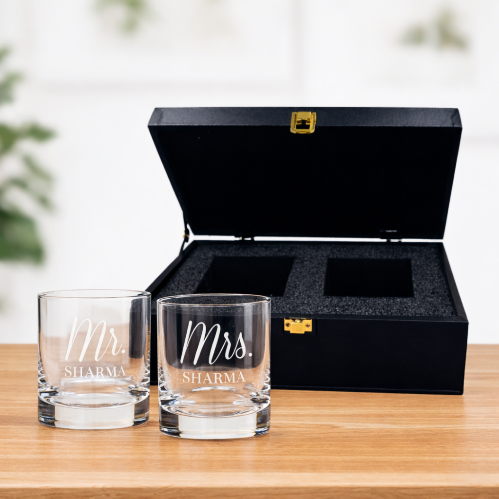 Personalized Mr and Mrs Whiskey Glasses Set of 2 for Couples Anniversary gifts