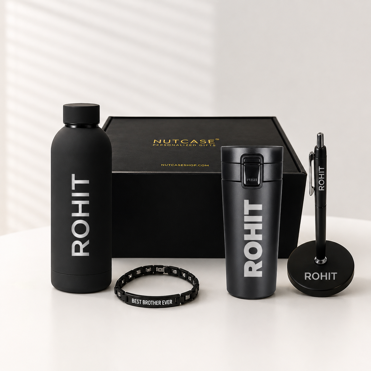 Rakhi Gift for Brother-Gift Set Box with Custom Bottle, Coffee Tumbler, Bracelet Rakhi & Magnetic Pen