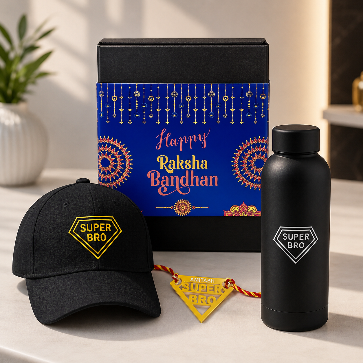 Raksha Bandhan Gift for Brother – Super Bro Black Cap with  Golden Acrylic Rakhi