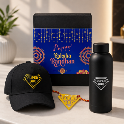 Raksha Bandhan Gift for Brother – Super Bro Black Cap with  Golden Acrylic Rakhi