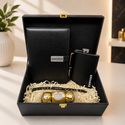 Personalised Rakhi Gifts for Brother Raksha Bandhan Premium Gift Box with Metal Rakhi Hip Flask & Diary Pen