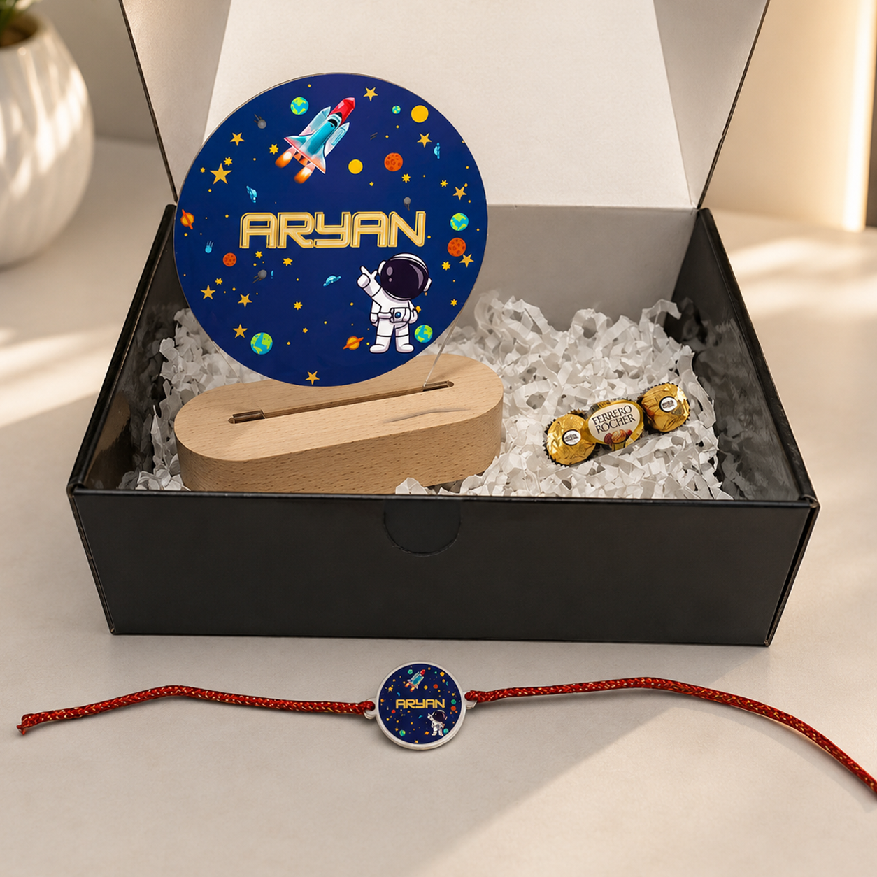 Rakhi for Little Brother Kids Gifts - Space Theme LED Lamp , Personalized Rakhi and Chocolate