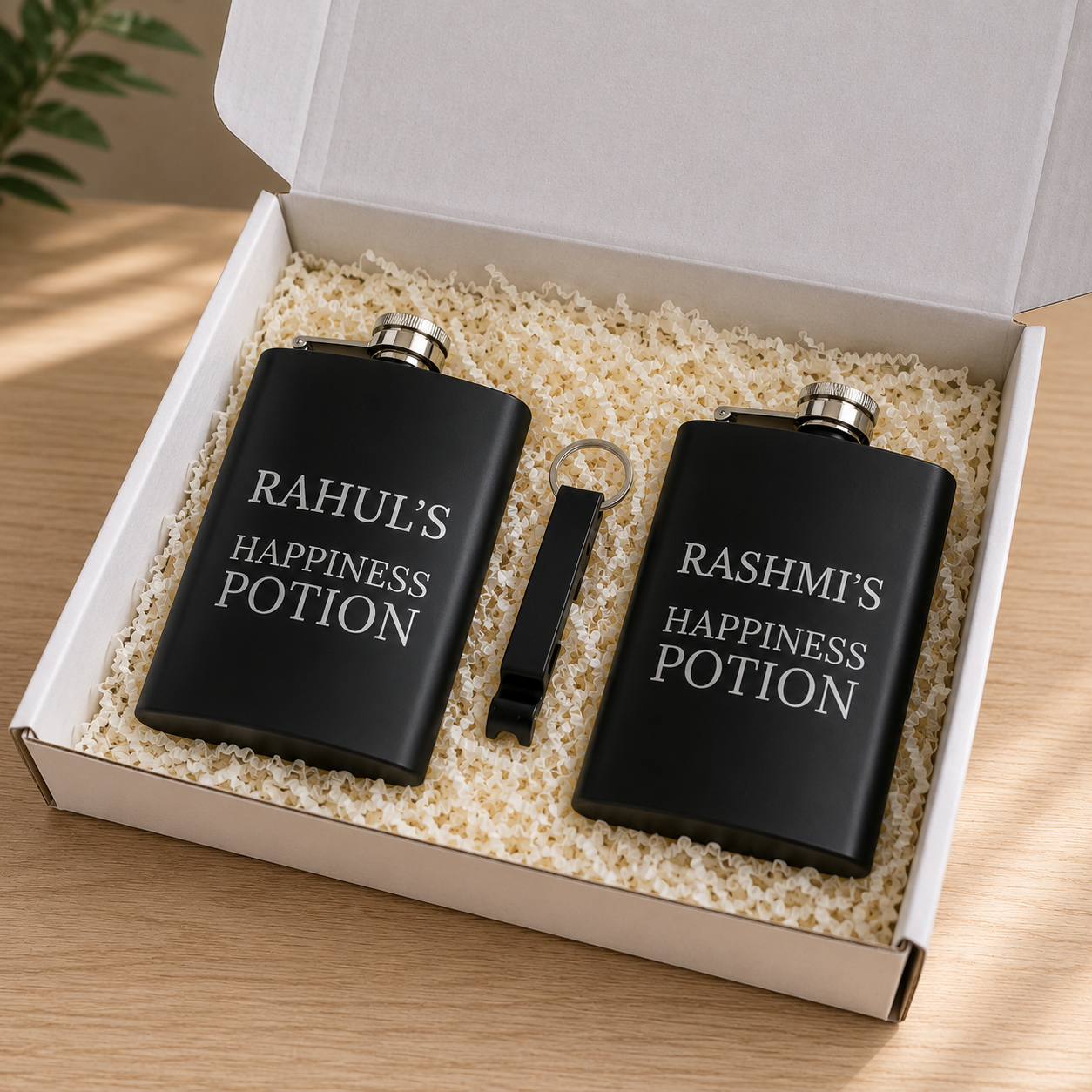 Customized Hip Flask Set of 2 with Opener Stainless Steel Gift Box for Couple