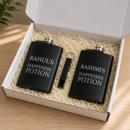 Customized Hip Flask Set of 2 with Opener Stainless Steel Gift Box for Couple