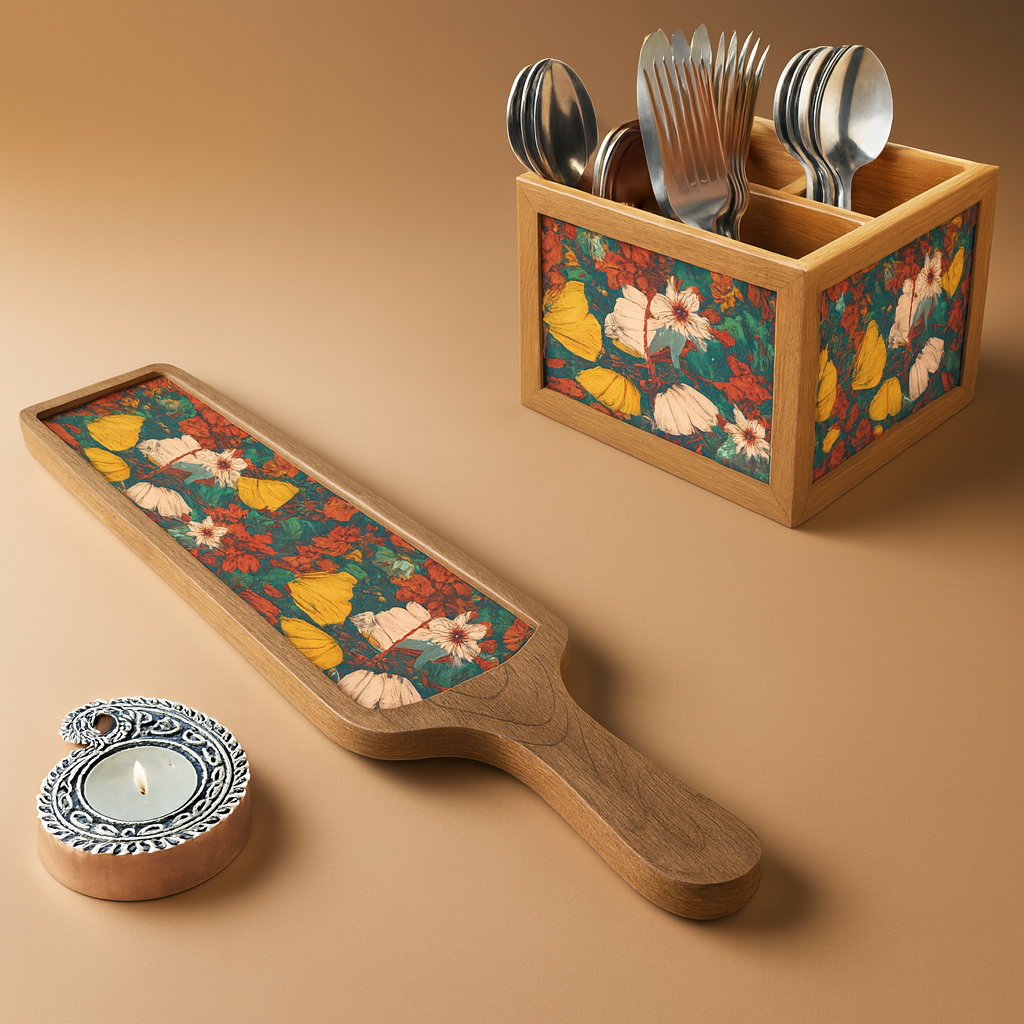 Premium Diwali Gift Set – Wooden Bat Tray, Cutlery Holder & Decorative Diya Candle