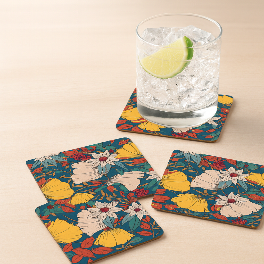 Festive MDF Wooden Tray with 4 Metal Coasters & Decorative Candle Diya – Diwali Gift Set