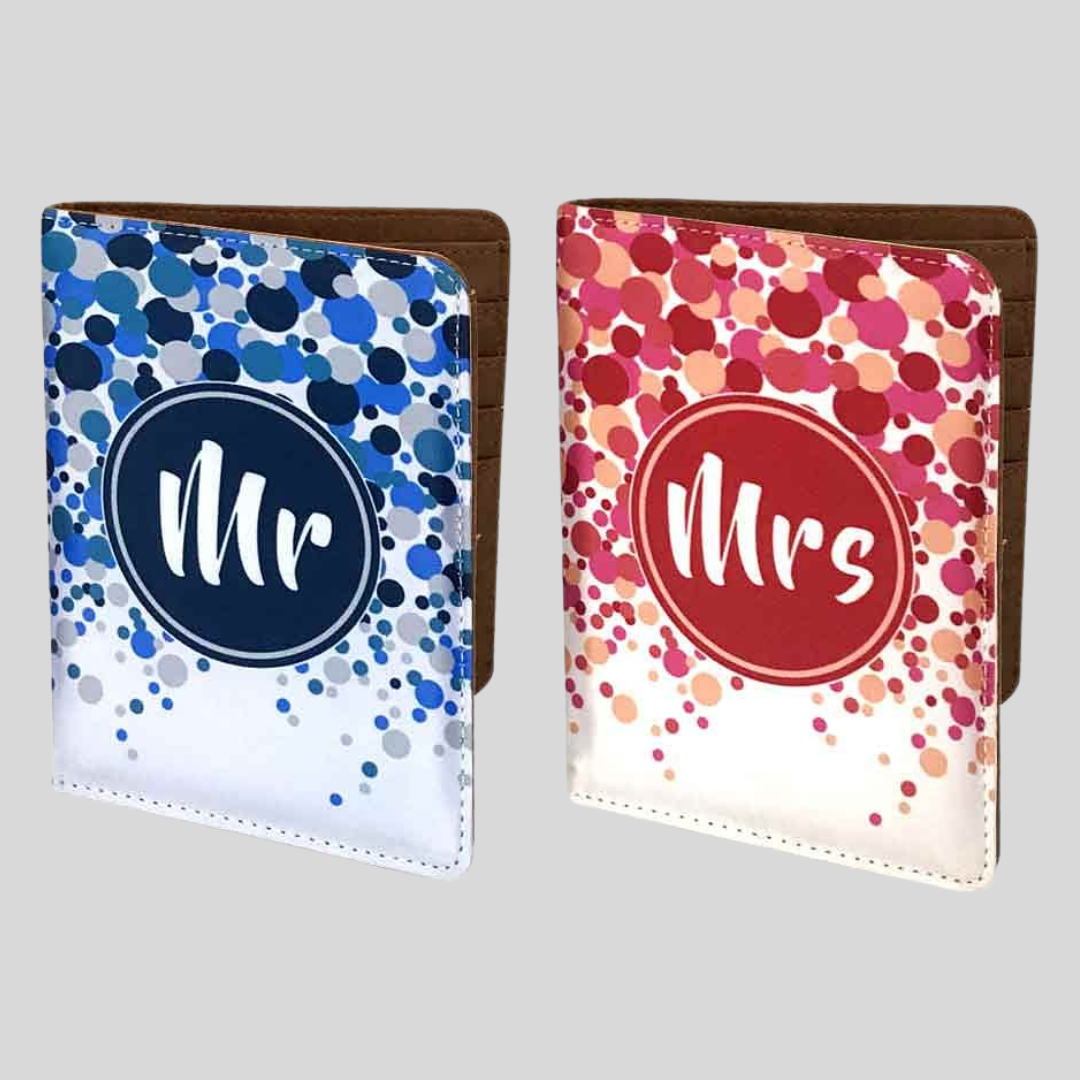 Couple Passport Cover Holder Leather Travel Wallet Case Designer Passport Cover - Blue And Pink dots