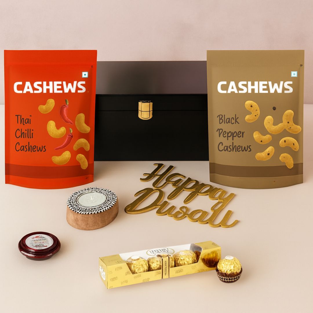 Diwali Gift Box with Custom Silver Coin Hamper Dry Fruits Silver Coin Chocolate & Candle