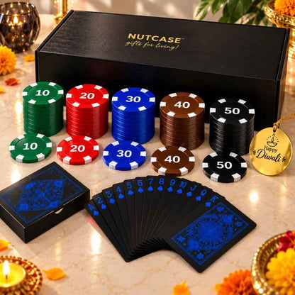 Diwali poker set gift box with poker chips playing cards and spade bottle opener for card parties 
