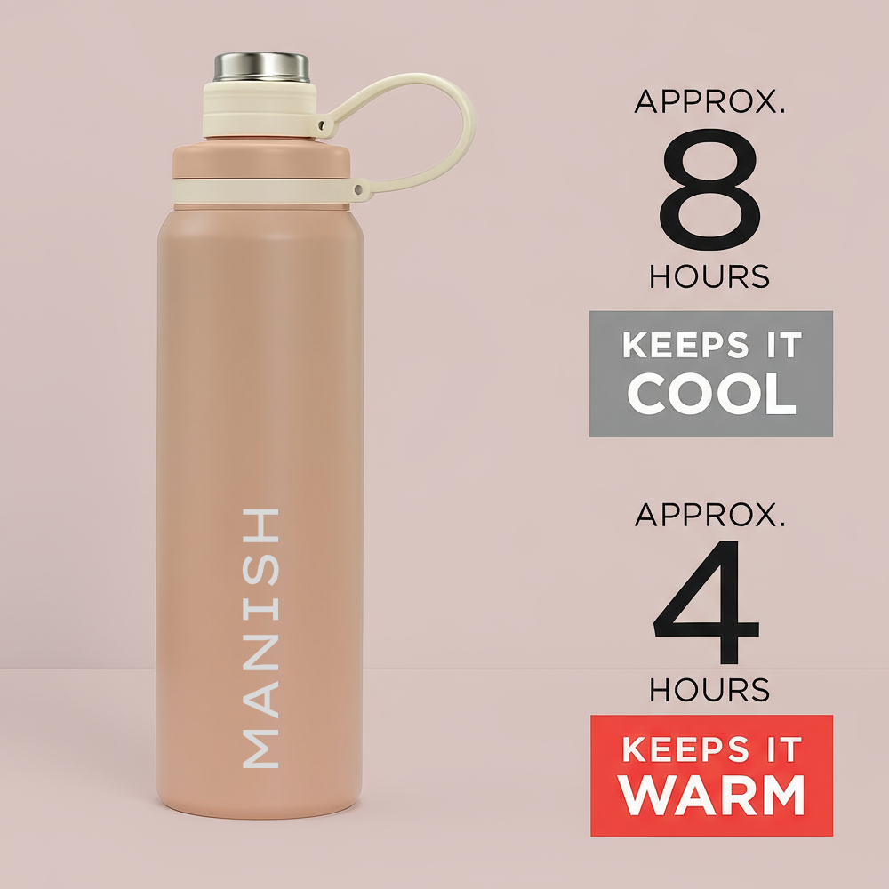 Personalized Stainless Steel Water Bottle 800ml – Double Wall Vacuum Insulated Hot & Cold Bottle for Gym, Office & Travel
