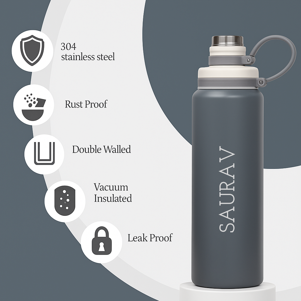 Personalized Stainless Steel Water Bottle 800ml – Double Wall Vacuum Insulated Hot & Cold Bottle for Gym, Office & Travel