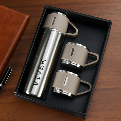 Personalised Travel Mug Thermos With 2 Cups Gift Box Set - Add Name