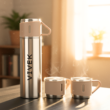 Personalised Travel Mug Thermos With 2 Cups Gift Box Set - Add Name
