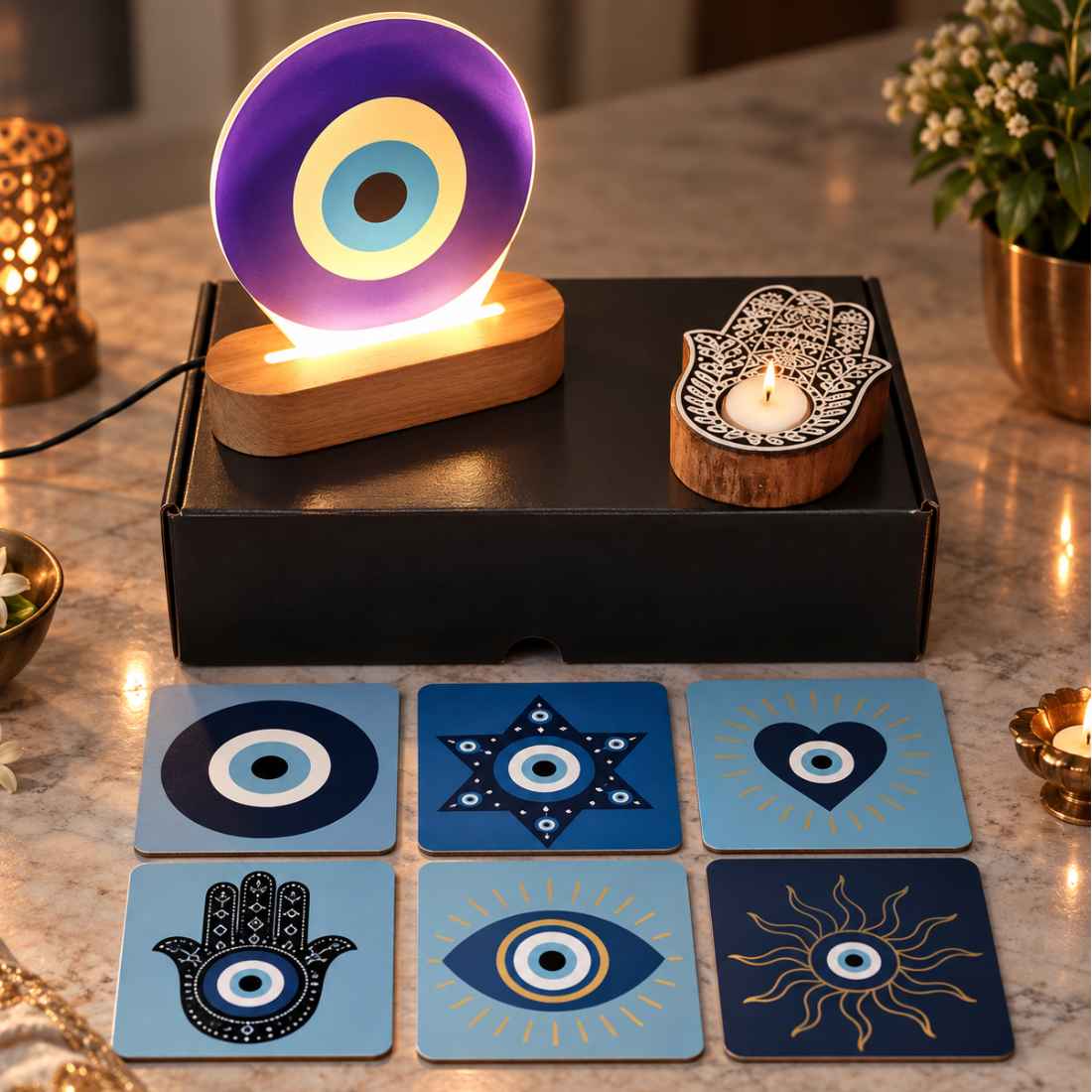 Powerful Evil Eye Protection With LED Lamp Coasters And Hamsa Hand Candle Gift Set