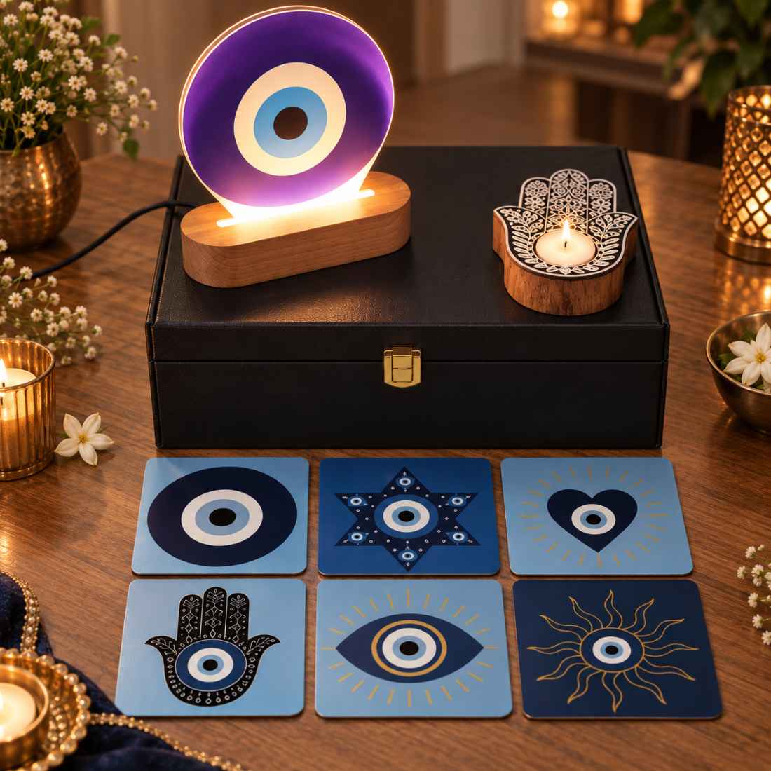 Powerful Evil Eye Protection With LED Lamp Coasters And Hamsa Hand Candle Gift Set