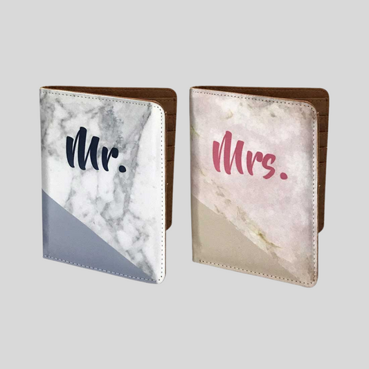 Couple Passport Cover Holder Leather Travel Wallet Case Designer Passport Cover - Mr. Mrs. Marble Design