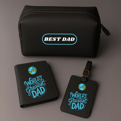 Gifts for Father's Day Travel Set, PU Leather Pouch, Passport Cover and Luggage Tag, World's Greatest Dad Design