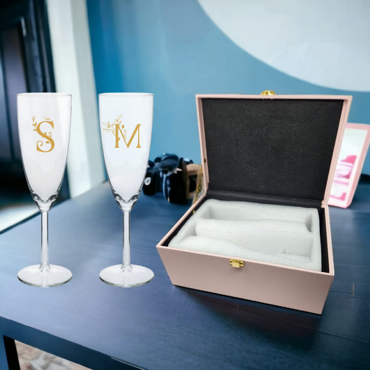 Personalized Champagne Glass Set of 2 Gift Box for Couples - Black Boxes Available