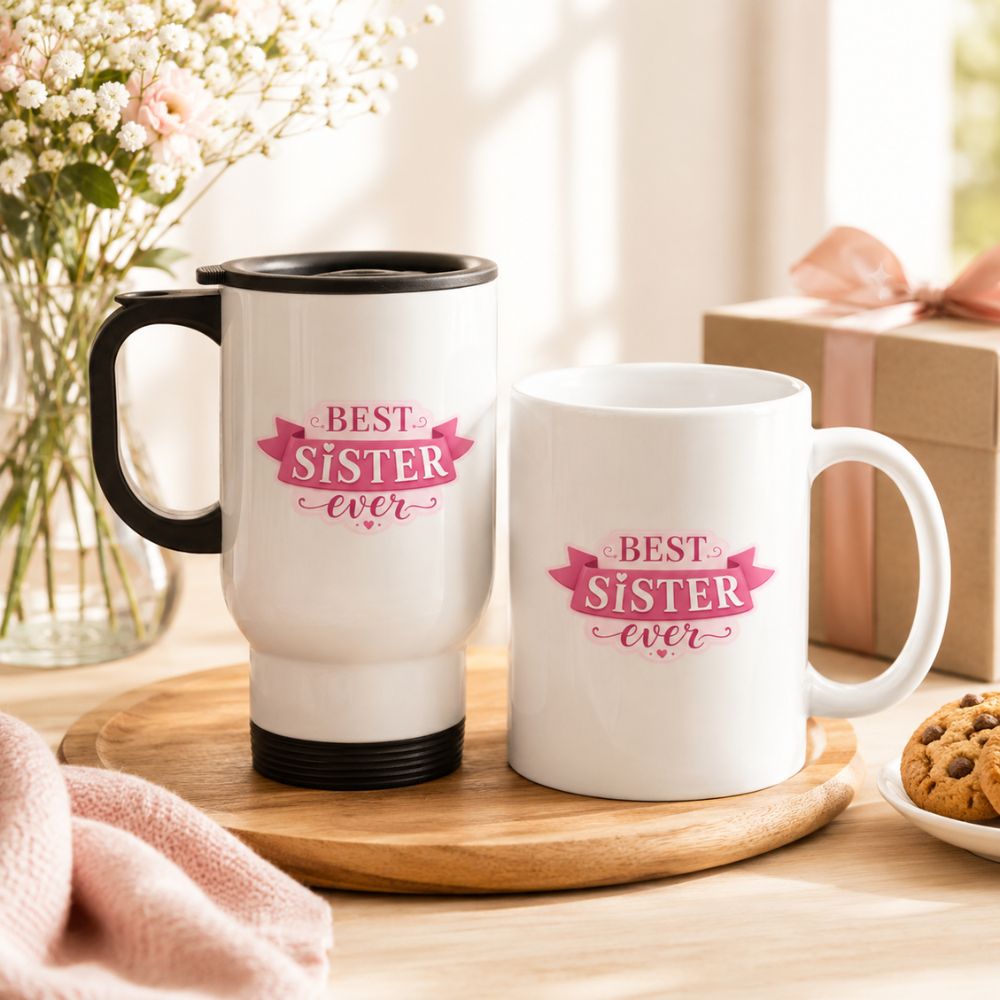 Gift Set for Sister in a Fairy Light Box | White Stainless Steel Travel Coffee Mug & Ceramic Teacup | Best Sis Ever