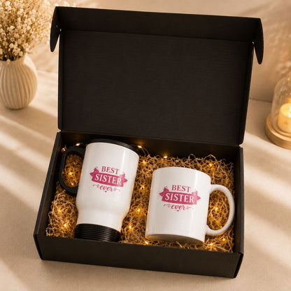 Gift Set for Sister in a Fairy Light Box | White Stainless Steel Travel Coffee Mug & Ceramic Teacup | Best Sis Ever