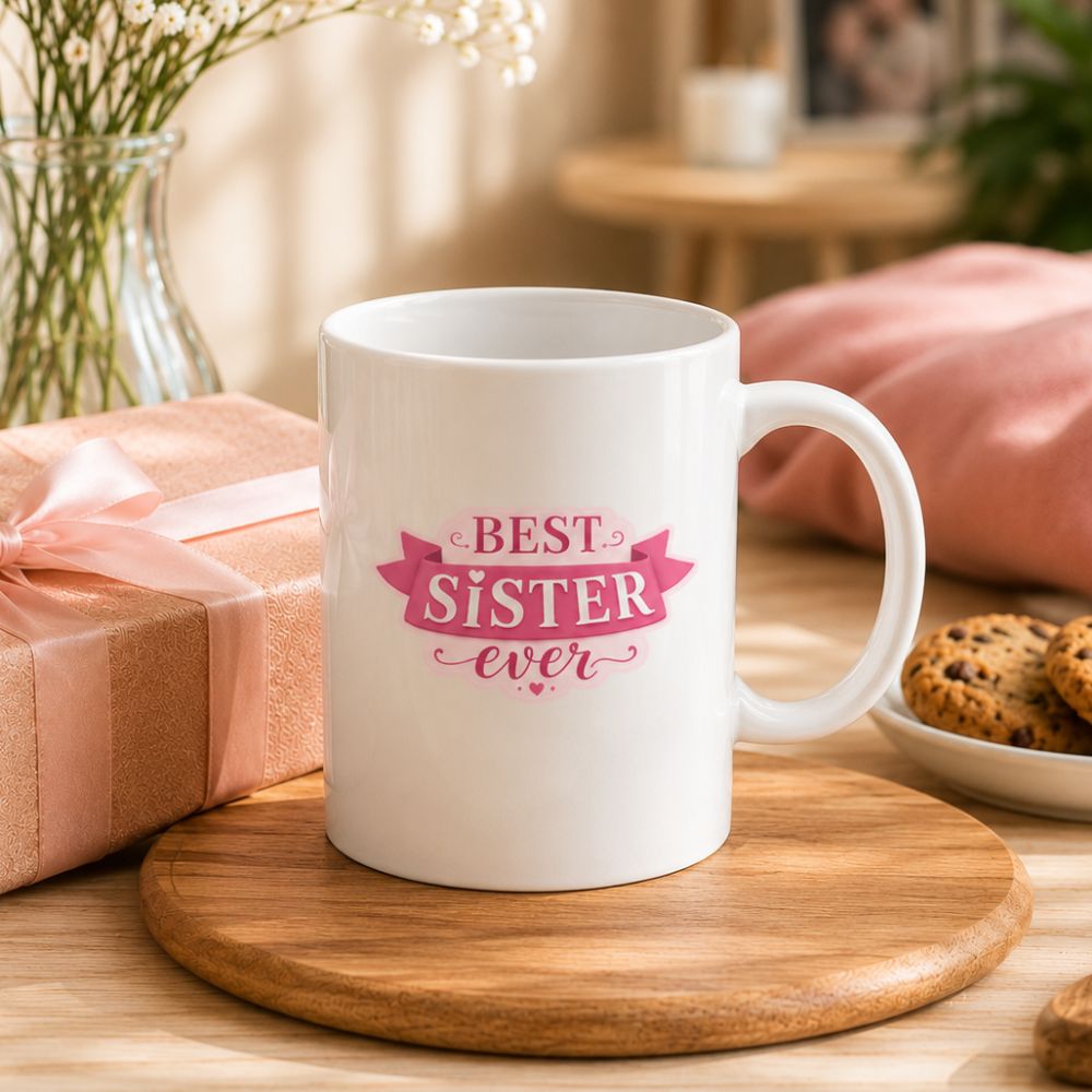 Gift Set for Sister in a Fairy Light Box | White Stainless Steel Travel Coffee Mug & Ceramic Teacup | Best Sis Ever