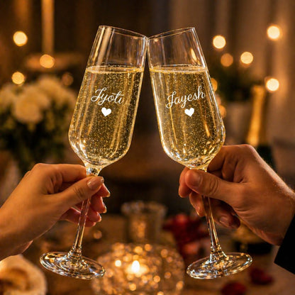 Personalized Engraved Champagne Flutes for Couple Set of 2 - Premium Champagne Glasses