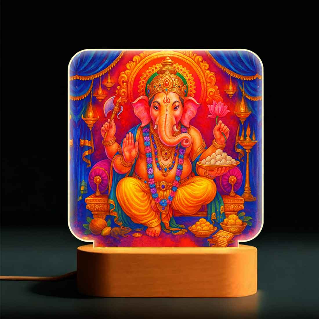 Ganesh Table Lamp for Pooja Room – Premium Wooden Base with Soft Warm Illumination