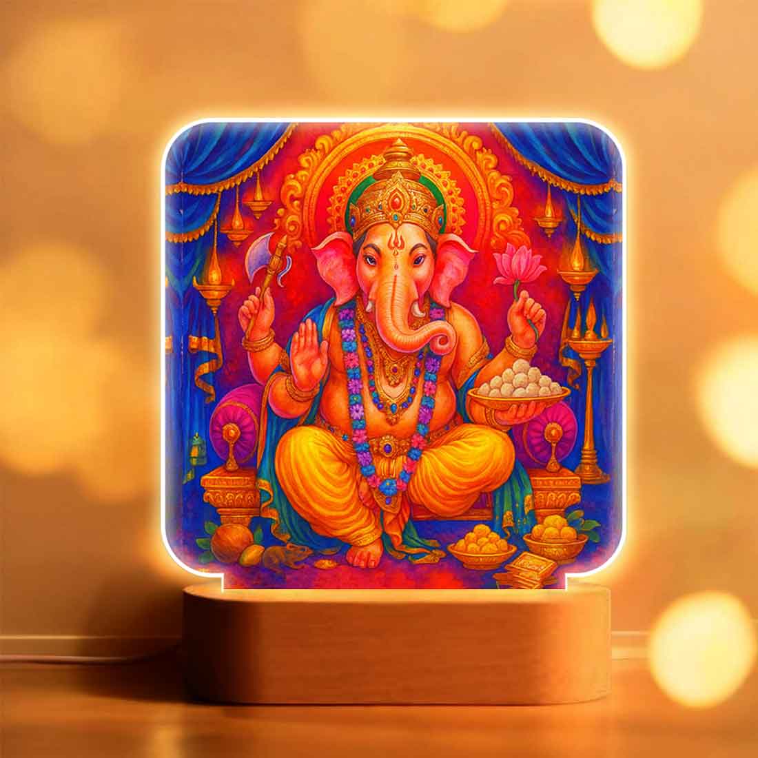 Ganesh Table Lamp for Pooja Room – Premium Wooden Base with Soft Warm Illumination