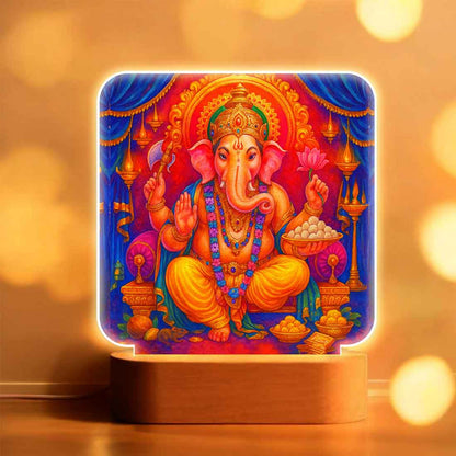 Ganesh Table Lamp for Pooja Room – Premium Wooden Base with Soft Warm Illumination