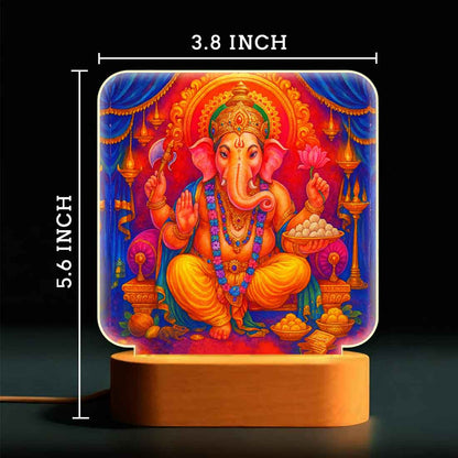 Ganesh Table Lamp for Pooja Room – Premium Wooden Base with Soft Warm Illumination