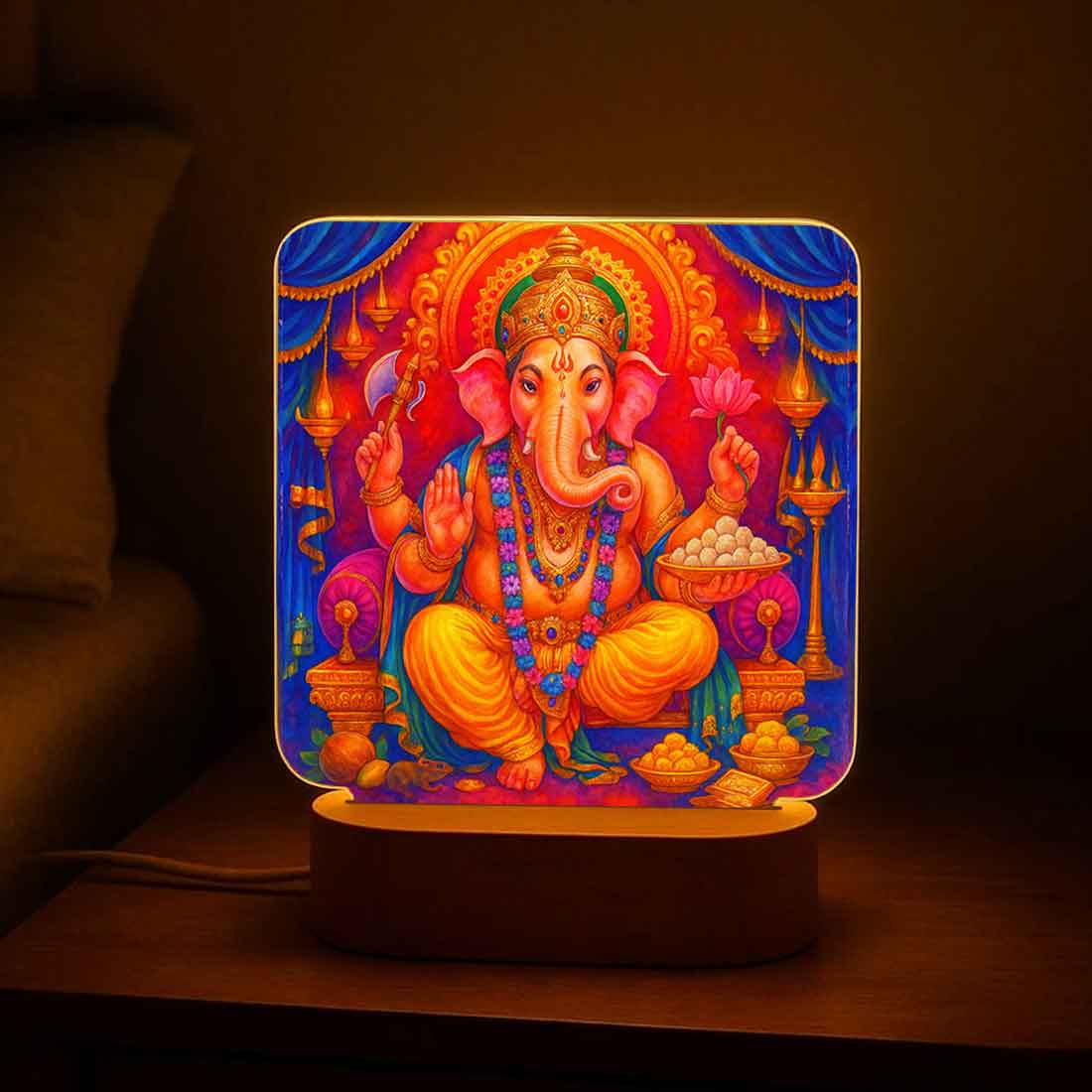 Ganesh Table Lamp for Pooja Room – Premium Wooden Base with Soft Warm Illumination