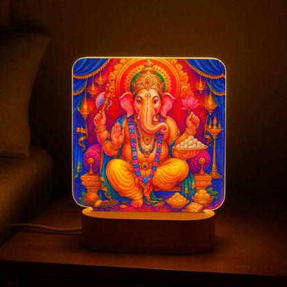 Ganesh Table Lamp for Pooja Room – Premium Wooden Base with Soft Warm Illumination