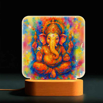 Ganpati Decoration LED Light Lamp - Premium Wooden Base with Soft Warm Illumination