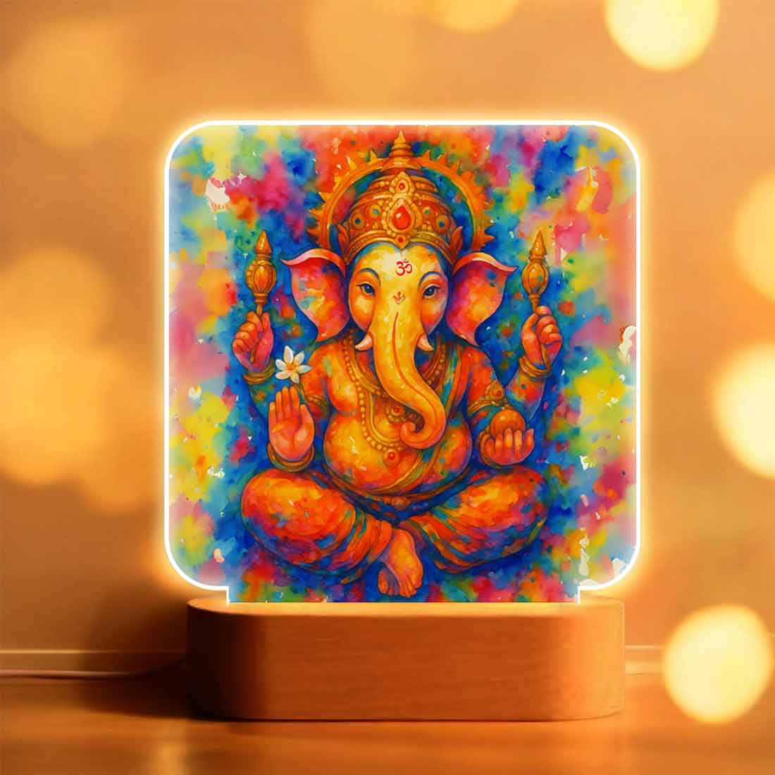 Ganpati Decoration LED Light Lamp - Premium Wooden Base with Soft Warm Illumination