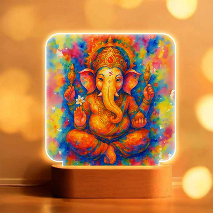 Ganpati Decoration LED Light Lamp - Premium Wooden Base with Soft Warm Illumination