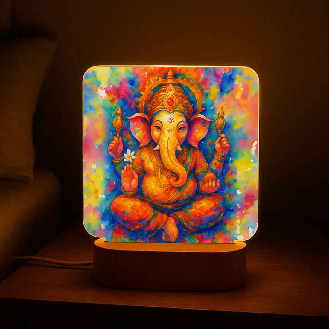 Ganpati Decoration LED Light Lamp - Premium Wooden Base with Soft Warm Illumination